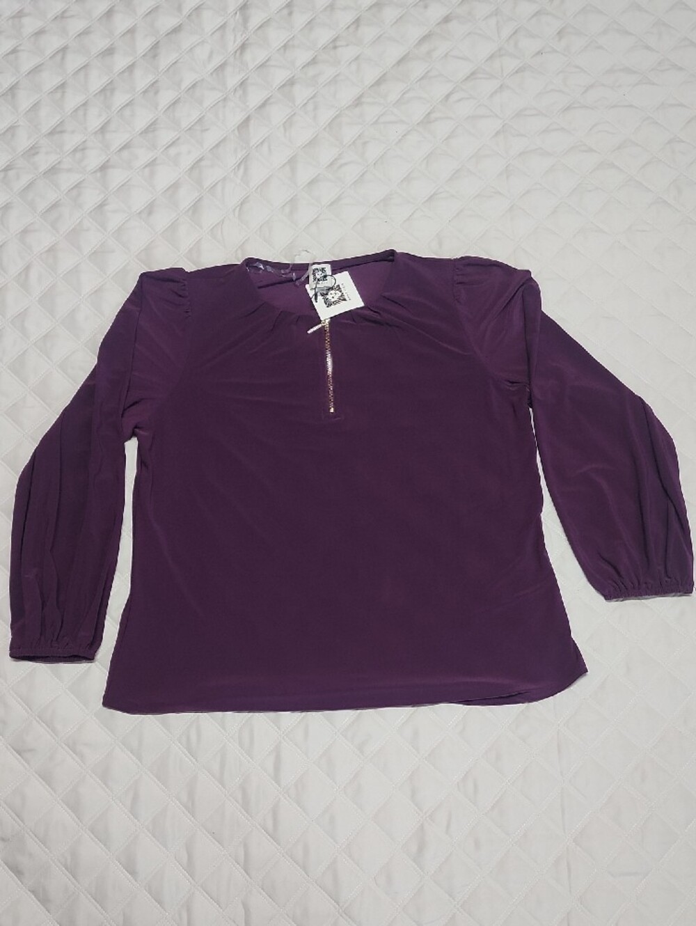 Anne Klein Deep Plum Long-Sleeve Pullover with Zip Detail Large